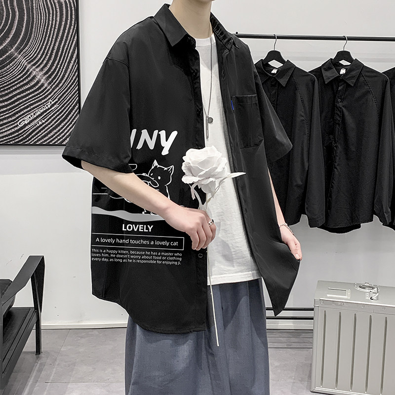 港风大码短袖猫咪衬衫青年男生情侣衬衫D321P28,男装T恤,星座101C（原电商A011-3）