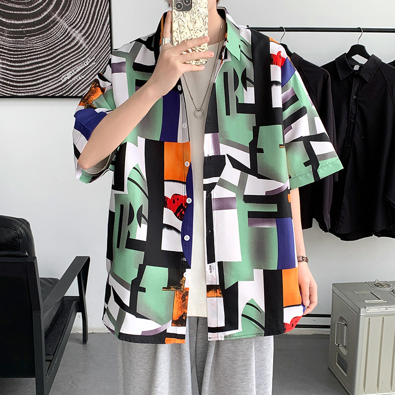 A011-3港风夏日短袖潮碎花情侣衬衫D375P30，男装T恤，星座101C（原电商A011-3）