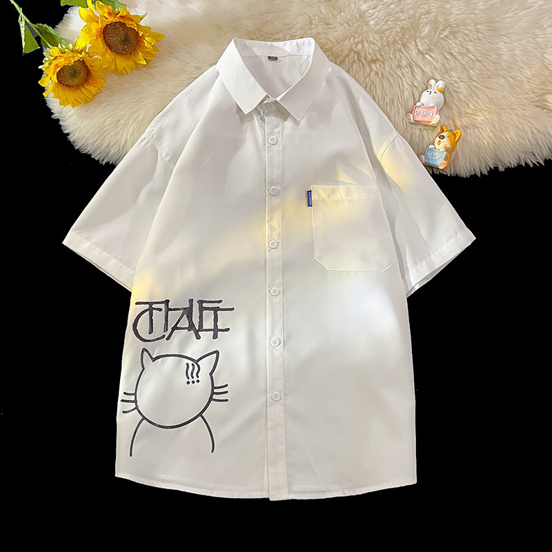 A011-3五色大码衬衣短袖日系猫咪夏日青年男衬衫D332P28,男装T恤,星座101C（原电商A011-3）