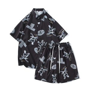 夏季新款冰丝大码情侣套装沙滩衬衫短袖沙滩裤TZ6713 P58,男装T恤,星座101C（原电商A011-3）