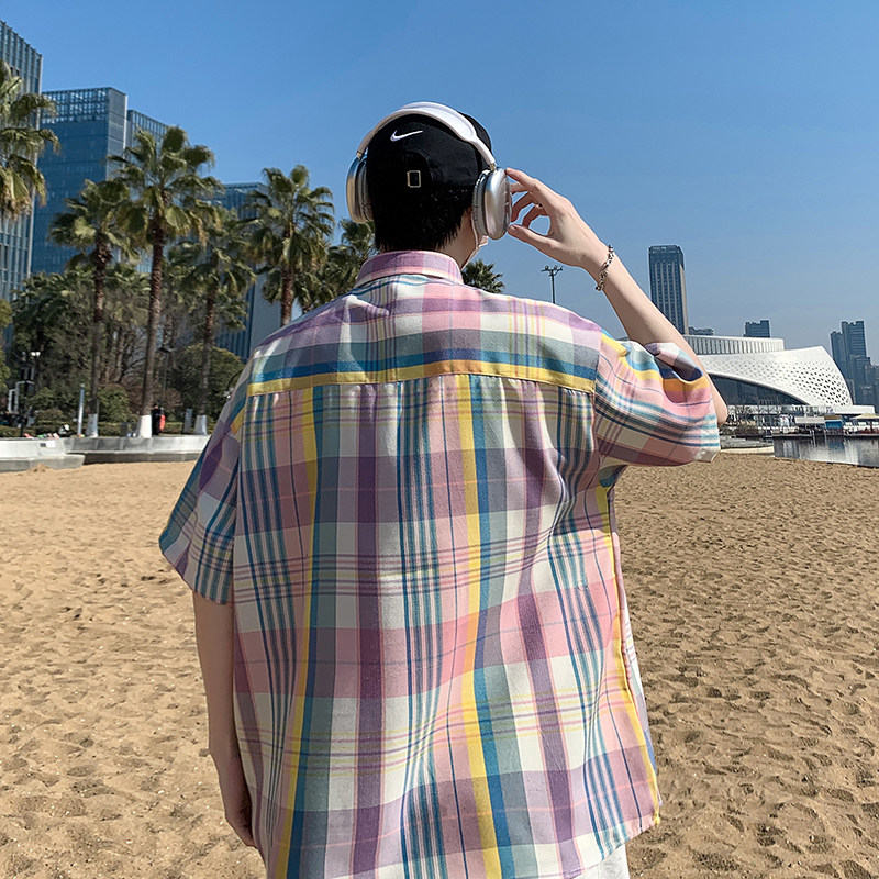 沙滩模特夏季情侣款短袖复古格子衬衫港风衬衣D3920P38,男装衬衫,星座101C（原电商A011-3）