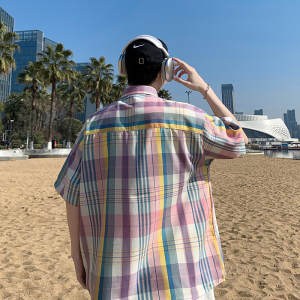 沙滩模特 夏季情侣款短袖复古格子衬衫港风衬衣  D3920 P38图片