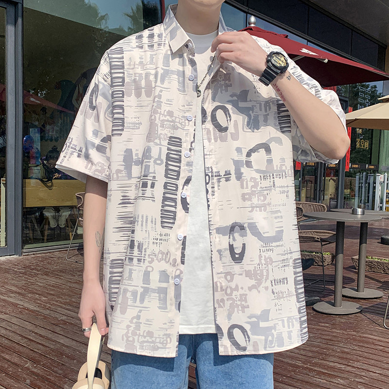 24冰丝港风衬衫男短袖夏季情侣沙滩衬衣外套D637P35,男装T恤,星座101C（原电商A011-3）