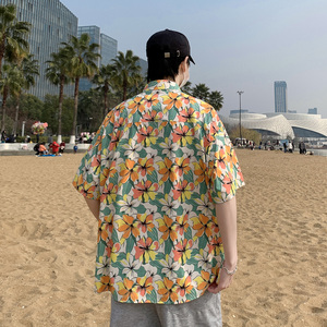 港风夏季情侣款短袖复古花衬衫港风衬衣 D3909 P35图片