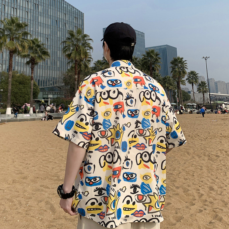 涂鸦港风衬衫大码男短袖夏季情侣款沙滩衬衣外套D3906P35,男装衬衫,星座101C（原电商A011-3）