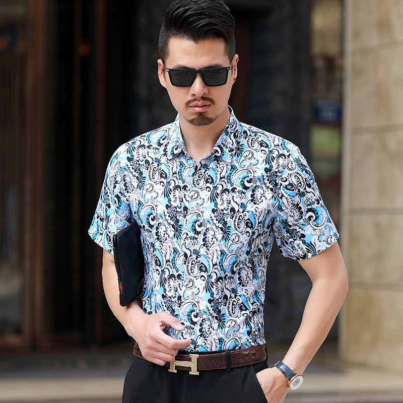 QT4025加大码潮花短袖衬衫男短袖衬衫C606P33，男装T恤，星座101C（原电商A011-3）