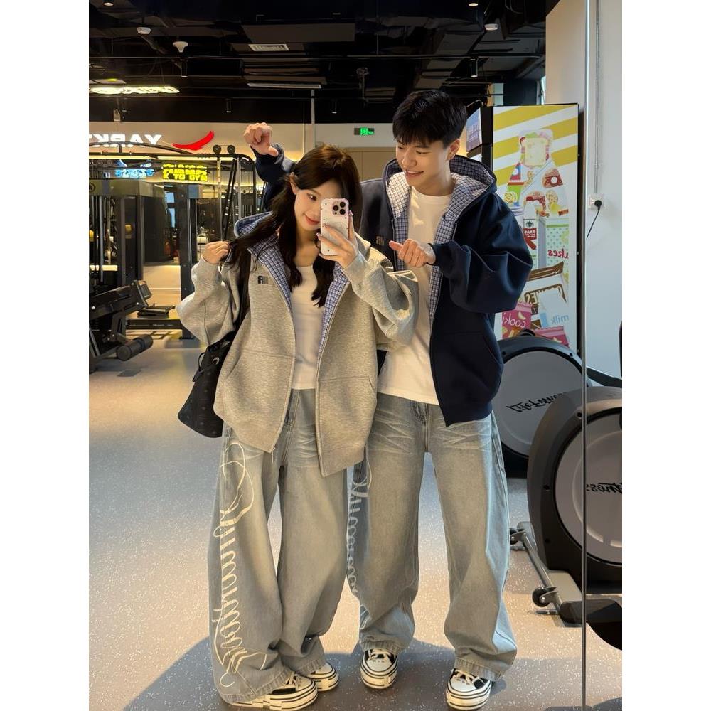 美式复古撞色格纹宽松连帽外套