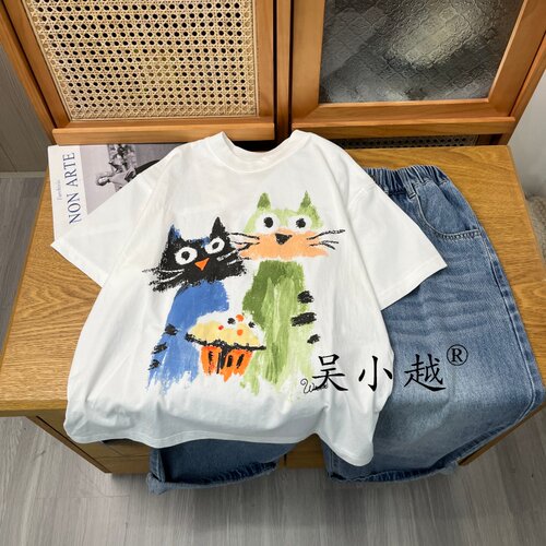 吴小越w2343男童夏款猫咪圆领韩版无感数码印花棉t恤短袖中大童