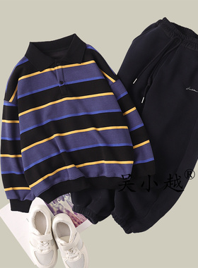 吴小越w1665男童条纹加绒卫衣秋冬新款韩版宽松儿童上衣男孩冬装