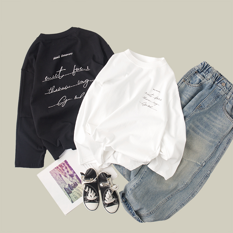 吴小越w933男童春秋装圆领套头白色棉t恤长袖中大童儿童打底衫