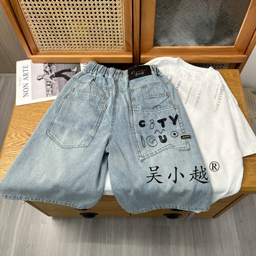 吴小越w2485男童夏装牛仔刺绣短裤宽松中大童男孩中裤夏款五分裤