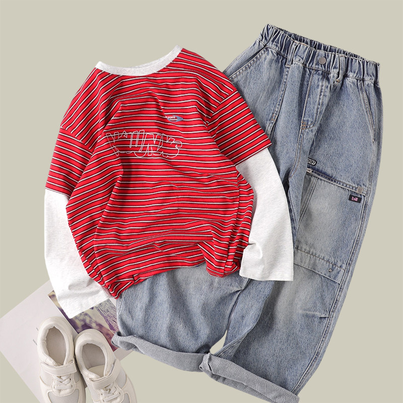 吴小越w1967男童圆领拼色数码条纹打底衫春款韩版t恤中大童