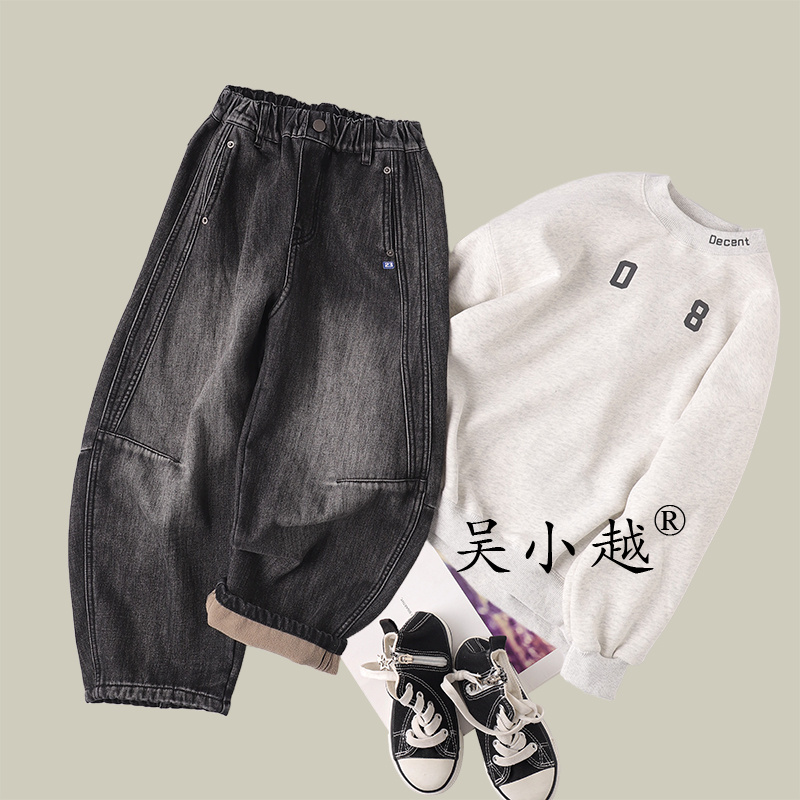 吴小越w1671男童加绒牛仔裤冬款刺绣痞帅男孩冬新款韩版潮童长裤