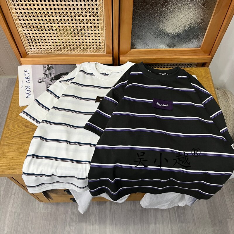 吴小越w2286男童夏款宽松圆领韩版贴标条纹棉t恤短袖中大童