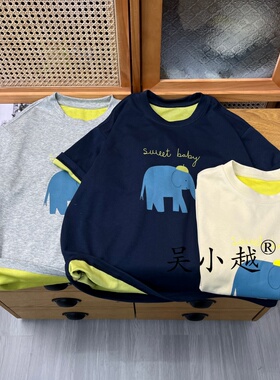 吴小越w2372男童夏款双色圆领韩版无感数码印花大象棉t恤短袖中大