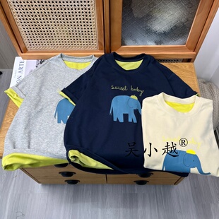 吴小越w2372男童夏款双色圆领韩版无感数码印花大象棉t恤短袖中大