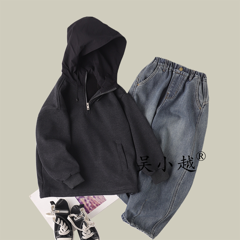吴小越w1796男童连帽加绒卫衣秋冬新款韩版宽松儿童上衣男孩冬装