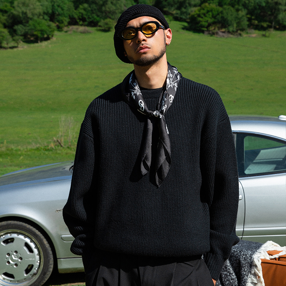 OD秋粗针坑条圆领套头针织毛衣