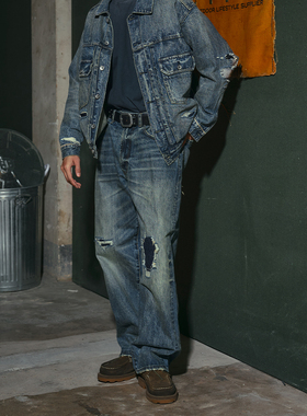 ODxMIDUPDATE联名作战系列复古补丁15.5oz做旧红白赤耳直筒牛仔裤