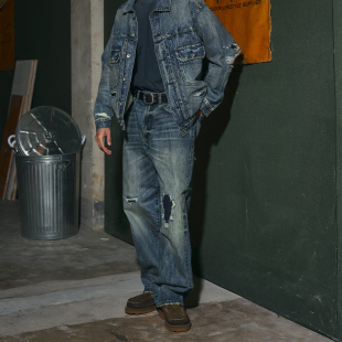 ODxMIDUPDATE联名作战系列复古补丁15.5oz做旧红白赤耳直筒牛仔裤