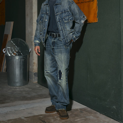 ODxMUD联名复古补丁做旧牛仔裤