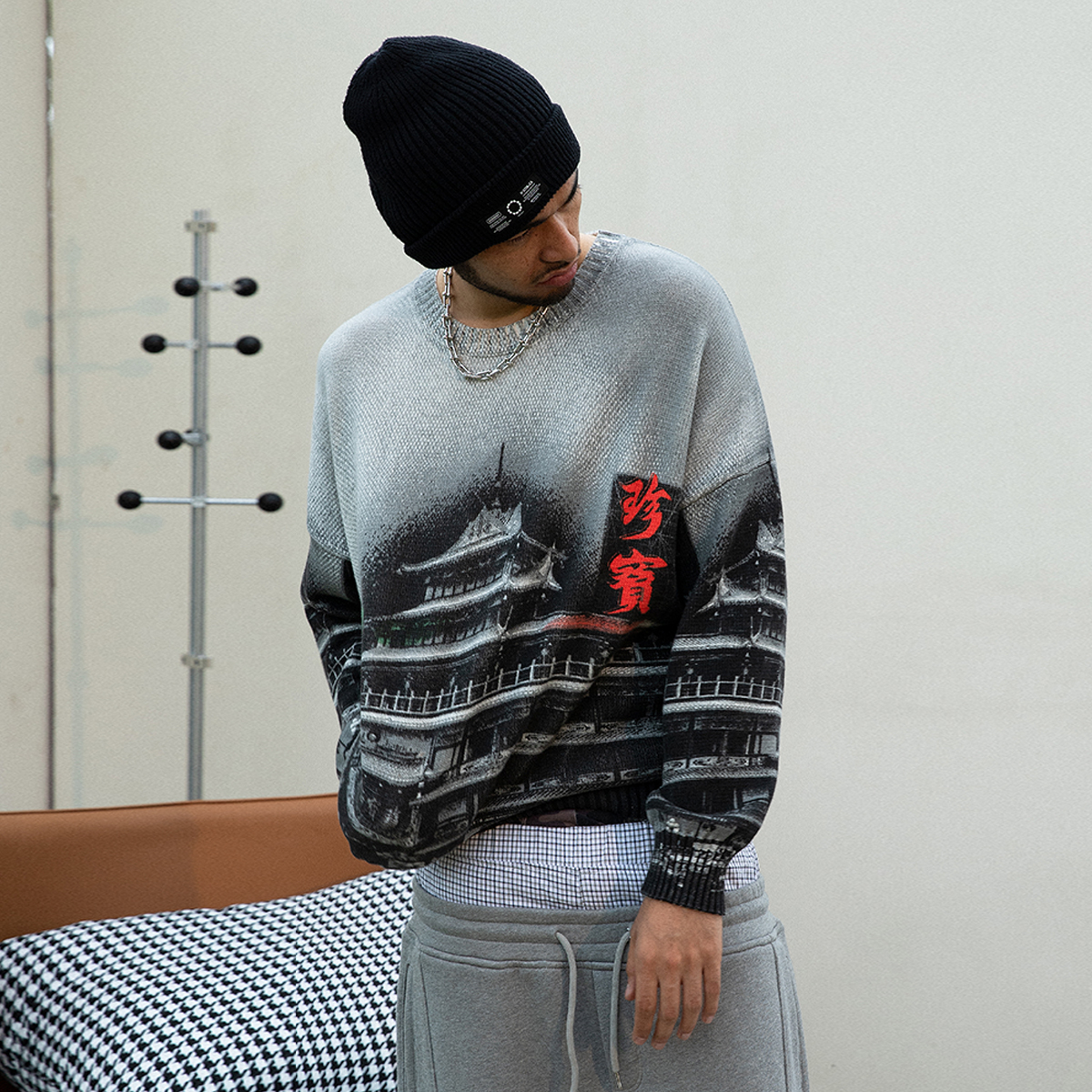 OD珍宝穿满印复古休闲宽松毛衣