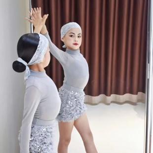 少儿拉丁舞Top舞服春夏长袖 灰色亮片毛毛裙子练习服女童跳舞演出