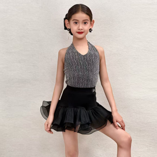 少儿拉丁舞练功服女童夏季无袖挂脖式高级感专业修身表演比赛服装