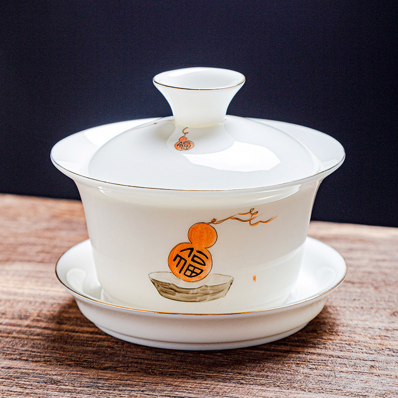 手绘三才盖碗茶杯羊脂玉白瓷茶具高档轻奢陶瓷功夫敬茶碗单个带盖