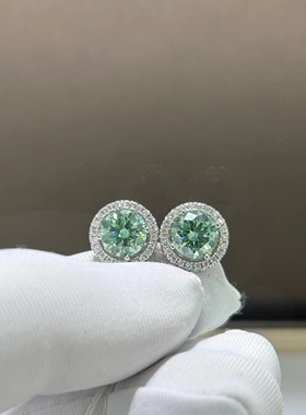 薄荷绿莫桑石圆包满天星耳环绿莫桑钻耳钉进口无加色绿钻纯银耳钉