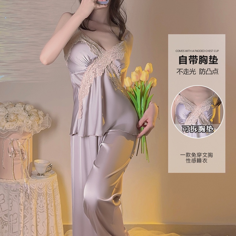 性感睡衣女秋冬季纯欲冰丝吊带蕾丝带胸垫长裤睡袍家居服三件套装