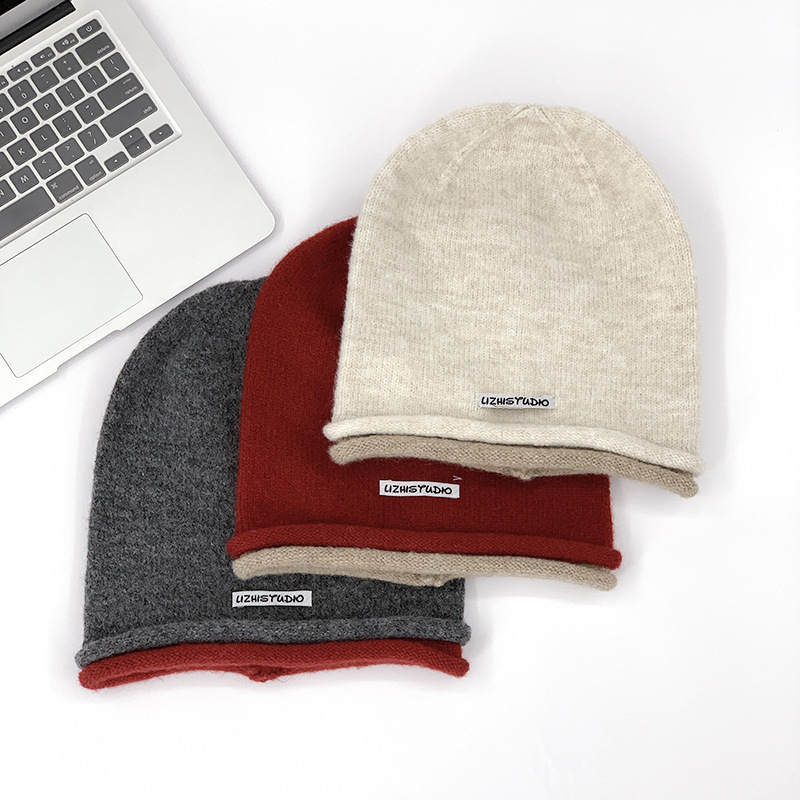 秋冬松弛感针织堆堆帽女韩版拼色卷边冷酷感套头冷帽男显脸小包头
