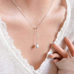 岚屿 一颗正圆珍珠Y字链抽拉项链通体925银流苏毛衣链 雨茉风铃