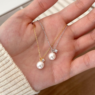 岚屿 S925银单颗珍珠小钻项链清新少女百搭氛围感锁骨链 星伴月