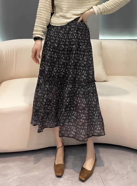 黑色垂感雪纺印花半身裙女2025夏季新款法式优雅气质显瘦a字伞裙