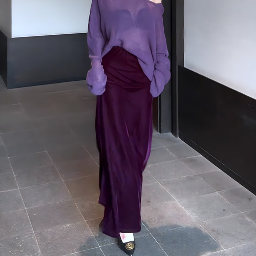 紫色丝绒高腰a字半身裙子2024秋冬新款高级感独特超好看长裙女装