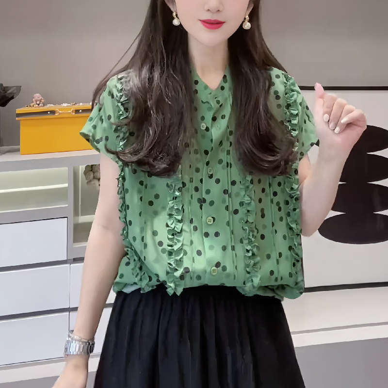 法式复古绿色花边波点印花衬衫上衣女2025夏季新款气质通勤风短袖
