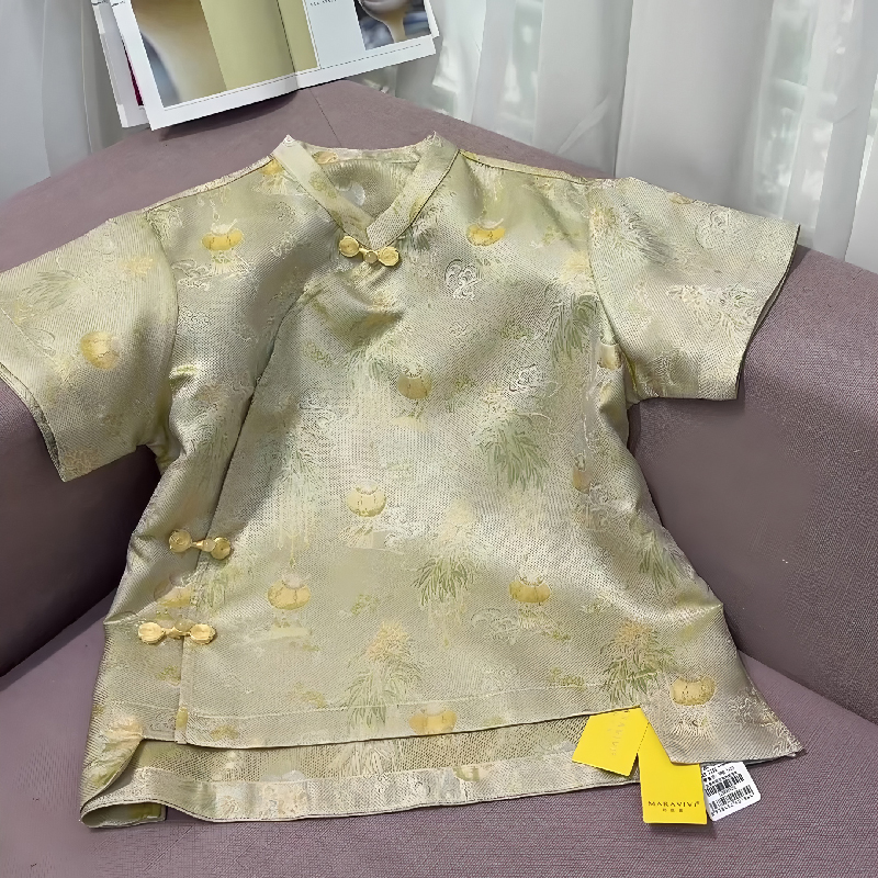 新中式国风古典婉约绿色提花上衣女2025夏季新款斜襟盘扣复古短袖
