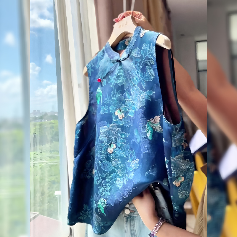 新中式国风蓝色蝶恋花高级感背心女2025夏季新款大方端庄立领上衣