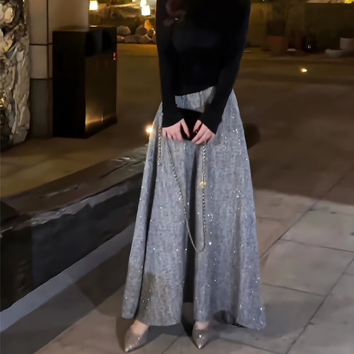 高级亮片银色半身裙女2024秋冬流行新款高腰显瘦时尚气质a字长裙