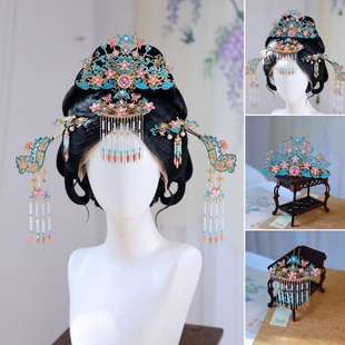 【花间梦】粉彩烧蓝簪钗冠古风大套装发饰小神仙汉服头饰唐风配饰