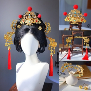 新款新年有钱小财神古风头饰大套装红球簪钗冠仿金明制贵女发钗