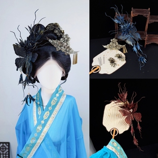 暗黑系古青铜洒金蝴蝶花朵套装 唐风大头拍照头饰 发饰汉服发夹爆款