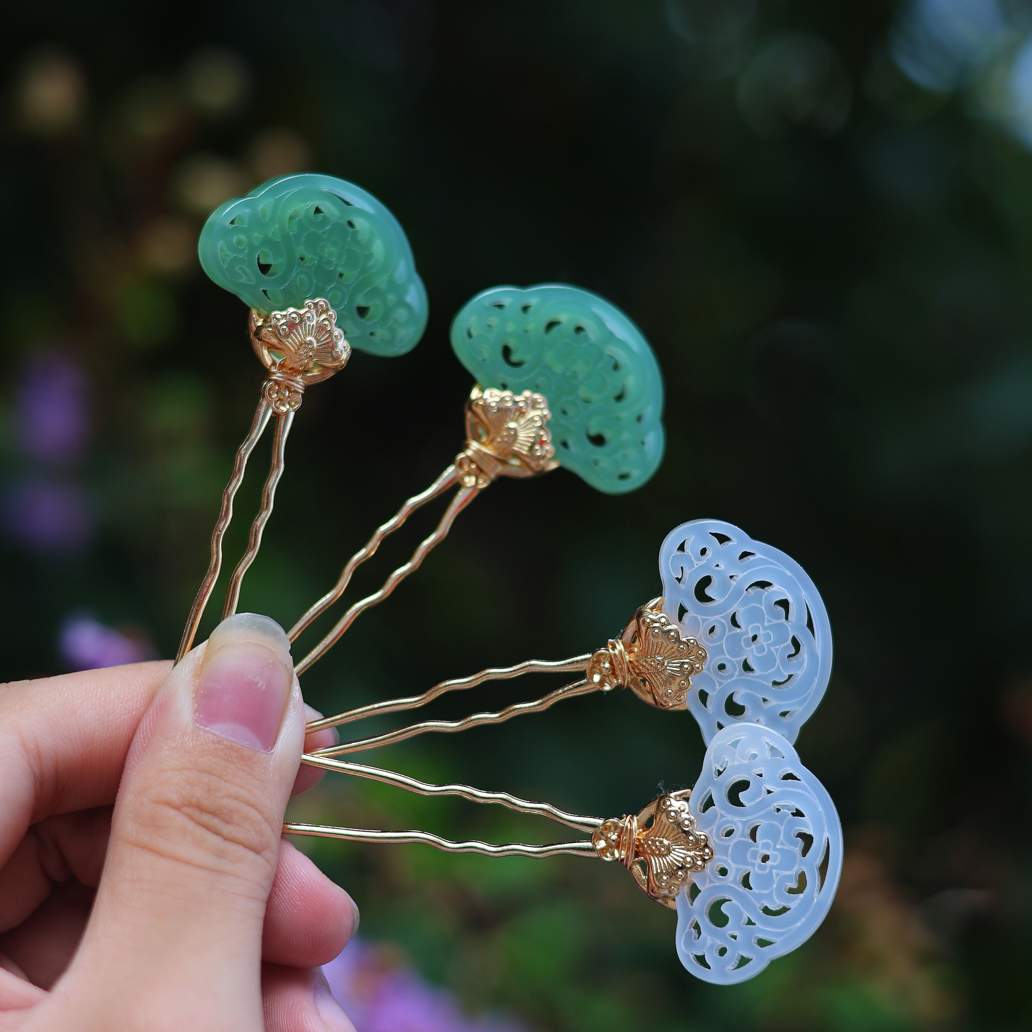 仿古四支仿玉如意小钗唐朝精致国风镂空玉牌白菜簪子古典点缀发饰