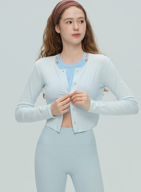 秋冬新款瑜伽服女纯棉透气短款休闲内搭叠穿长袖薄外套蕾丝边开衫