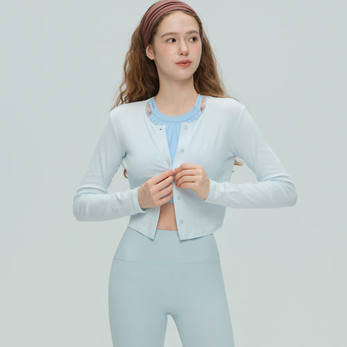 秋冬新款瑜伽服女纯棉透气短款休闲内搭叠穿长袖薄外套蕾丝边开衫