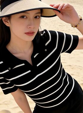韩版时尚条纹拼接翻领短