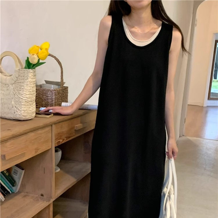 美式慵懒风条纹假两件连衣裙女夏季新款宽松显瘦吊带背心针织长裙