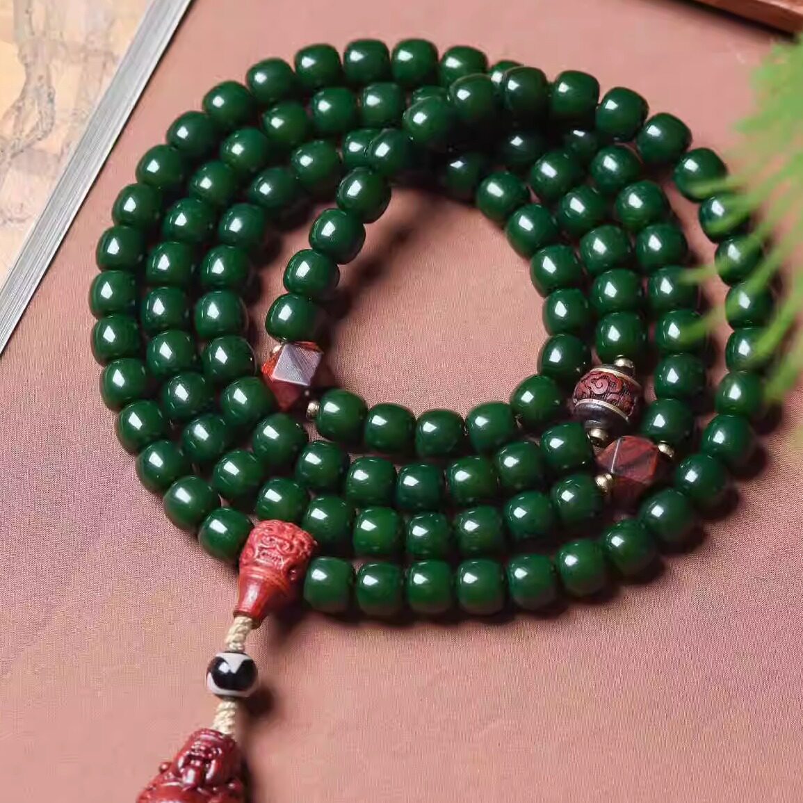天然设计款帝王绿菩提根手串108颗菩提手链佳偶天成绿苹果珠文玩
