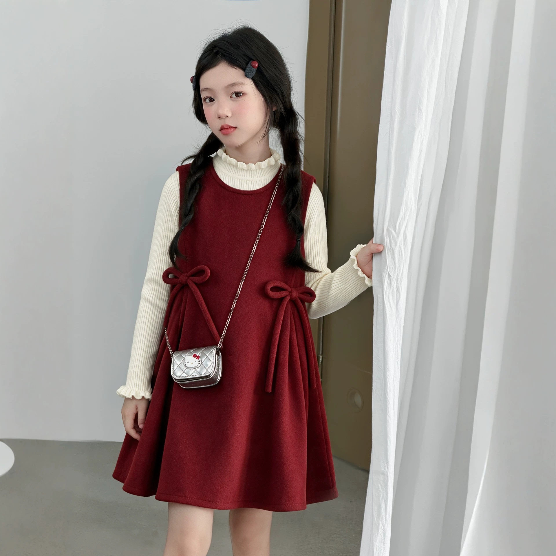 秋冬款女童红色裙子套装本命年小女孩衣服12岁一大一小儿童姐妹装